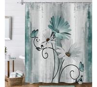 Hnmdmyi Cortina de Ducha Flores de Granja 180x200, Rústico Turquesa Flores de Margarita y Mariposa en el País Tabla de Madera Tejido de Poliéster Impermeable Lavable Cortina de Baño con Gancho