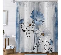 Hnmdmyi Cortina de Ducha Flores de Granja 200x180, Rústico Azul Flores de Margarita y Mariposa en el País Tabla de Madera Tejido de Poliéster Impermeable Lavable Cortina de Baño con Gancho