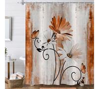 Hnmdmyi Cortina de Ducha Flores de Granja 200x180, Rústico Naranja Flores de Margarita y Mariposa en el País Tabla de Madera Tejido de Poliéster Impermeable Lavable Cortina de Baño con Gancho