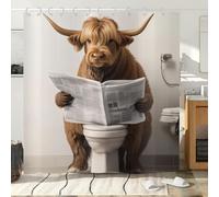 Hnmdmyi Cortina de Ducha Funny Highland Cow 165x180, Farmhouse Western Animal Ganado Lectura Periódico en el Inodoro Cortina de bañera Tela de poliéster Impermeable Cortina de baño Lavable con Gancho