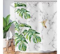 Hnmdmyi Cortina de Ducha Hojas Verdes 165x180, Tropical Hojas de Palma colibrí en mármol Gris y Blanco Cortina de baño Cortina de baño de Tela de poliéster Impermeable Lavable para baño con Ganchos