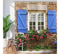 Hnmdmyi Cortina de Ducha Jardín 90x180, Cortinas de Ducha 3D Flores Plantas Azul Ventana Pared de Piedra Paisaje Exterior Cuadro Naturaleza Tela Impermeable Lavable Cortina de Baño con Ganchos