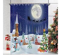 Hnmdmyi Cortina de Ducha Navidad 180x180, Paisaje Invernal Luna muñeco de Nieve árbol de Navidad Vacaciones Azul Cortina de baño Blanca Tejido de poliéster Impermeable Lavable para Cuarto de baño