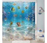 Hnmdmyi Cortina de Ducha Océano Peces 180x200, Peces Tropicales submarinos Estrellas de mar Corales de Playa en Las Profundidades Marinas Mundo Niños Impermeable Tejido de poliéster Cortina de baño