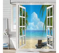 Hnmdmyi Cortina de Ducha Playa Tropical 180x240, Isla oceánica Hawaiana Palmera a través de Ventana de Madera Blanca Paisaje Natural Marino Cortina de baño Tejido Impermeable Lavable Cortina de baño