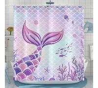 Hnmdmyi Cortina de Ducha Sirena 180x200, púrpura Cola de Sirena escama de pez océano Tema Estrella de mar Concha Coral 3D Fluorescente niños niñas Impermeable poliéster Tela Cortina de bañera