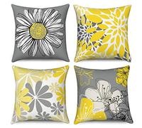 Hnmdmyi Funda de Cojín Amarillo 40x40 Juego de 4, Amarillo y Gris Floral Fundas de Cojín Decorativo Moderno Daisy Farmhouse Boho Funda de Cojín de Lino para Sofá Cama Jardín Exterior Home Decor