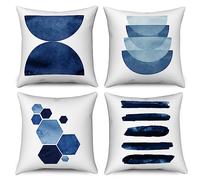 Hnmdmyi Funda de Cojín Azul 45x45 Juego de 4, Boho Abstracto Azul Marino Geométrico Fundas de Cojín Decorativas Minimalista Arte Moderno Estético Funda de Cojín de Lino para Sofá Cama Home Decor