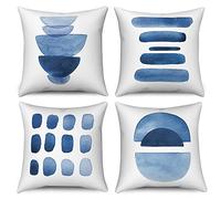 Hnmdmyi Funda de Cojín Azul 45x45 Juego de 4, Boho Abstracto Azul Marino Geométrico Fundas de Cojín Decorativas Minimalista Arte Moderno Estético Funda de Cojín de Lino para Sofá Cama Home Decor