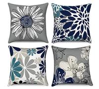 Hnmdmyi Funda de Cojín Azul 50x50 Juego de 4, Azul Marino y Gris Floral Fundas de Cojín Decorativo Moderno Daisy Farmhouse Boho Funda de Cojín de Lino para Sofá Cama Jardín Exterior Home Decor