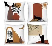Hnmdmyi Funda de Cojín Boho 40x40 Juego de 4, Abstracto Gato Negro Planta Sol Luna Fundas de Cojín Decorativas Arte Moderno Minimalista Estética Funda de Cojín de Lino para Sofá Decoración del Hogar