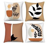 Hnmdmyi Funda de cojín Boho 45x45 Juego de 4, Abstracto Hoja Planta Gato Negro Fundas de cojín Decorativo Minimalista Arte Moderno estética Lino Funda de cojín para sofá decoración del hogar