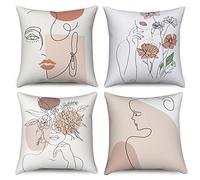 Hnmdmyi Funda de cojín Boho 50x50 Juego de 4, Minimalista Abstracto Mujer Cara Cuerpo Línea Floral Planta Fundas de Cojín Decorativas Arte Moderno Estética Funda de Cojín de Lino para Sofá Home Decor