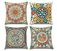 Hnmdmyi Funda de Cojín Boho 50x50 Juego de 4, Retro Colorido Mandala Floral Bohemio Fundas de Almohada Decorativas Arte Estético Hippie Funda de Almohada de Lino para Sofá Cama Decoración del Hogar