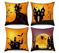 Hnmdmyi Funda de cojín de Halloween 50x50 Juego de 4, Castillo árbol Muerto murciélago Luna Llena Calabaza Granja Fundas de cojín Decorativo Negro Naranja Funda de Almohada de Lino para sofá Cama