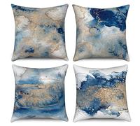 Hnmdmyi Funda de Cojín Mármol 45x45 Juego de 4, Azul Marino Gradiente de Oro Abstracto Mármol Textura Tinta Cojines Decorativos Acuarela Arte Moderno Funda de Cojín de Lino para Decoración del Hogar