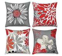 Hnmdmyi Funda de Cojín Rojo 50x50 Juego de 4, Rojo y Gris Floral Fundas de Cojín Decorativo Moderno Daisy Farmhouse Boho Funda de Cojín de Lino para Sofá Cama Jardín Exterior Home Decor