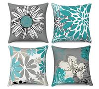 Hnmdmyi Funda de Cojín Turquesa 50x50 Juego de 4, Turquesa y Gris Floral Fundas de cojín Decorativo Moderno Daisy Farmhouse Boho Funda de cojín de Lino para Sofá Cama Jardín Exterior Home Decor