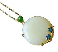 HNNBTYYQF Collares para mujer con colgante de jade S925 chapado en oro natural de jade hetiano natural redondo con flor azul quemado, colgante para mujer, para yoga, auténtico