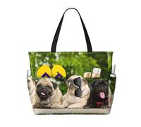 Hnnkloy Amistad Pug Bokeh Perros Mascotas Amigos Pug,Bolso de playa de gran capacidad, bolso de hombro de viaje para mujer, bolso de mano impermeable.