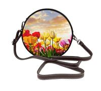 Hnnkloy Atardecer con flores de tulipán,Bolso de hombro de piel sintética, bolso cruzado redondo - Bolso circular para mujer