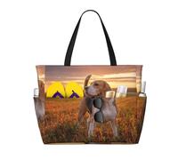 Hnnkloy Beagle Césped Perros En Un Paseo Mascotas Perros Atardecer,Bolso de playa de gran capacidad, bolso de hombro de viaje para mujer, bolso de mano impermeable.