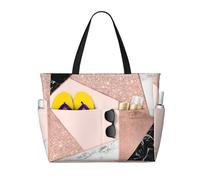 Hnnkloy Brillo dorado rosa, mármol blanco y negro geométrico,Bolso de playa de gran capacidad, bolso de hombro de viaje para mujer, bolso de mano impermeable.