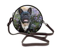 Hnnkloy Bulldog francés posa entre flores,Bolso de hombro de piel sintética, bolso cruzado redondo - Bolso circular para mujer