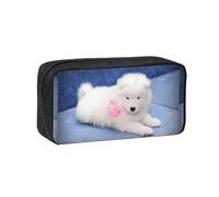 Hnnkloy Cachorro de Samoyedo Blanco con Lazo Peludo,Estuche de lápices de Gran Capacidad, portátil, para bolígrafos, Bolsa de papelería para la Escuela y la Oficina.