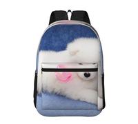 Hnnkloy Cachorro de samoyedo blanco con lazo peludo,Mochila informal de 17 pulgadas con bolsillos, resistente al agua, para la escuela.