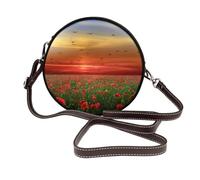 Hnnkloy Campo de amapolas rojas al atardecer impreso,Bolso de hombro de piel sintética, bolso cruzado redondo - Bolso circular para mujer