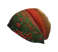 Hnnkloy Campo de Flores de Amapolas Rojas al Atardecer Impreso,Gorro de Punto de poliéster, Gorro de Calavera, pasamontañas