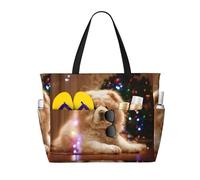 Hnnkloy Chow Chow Blanco Fluffy Perros Mascotas Perros Navidad,Bolso de playa de gran capacidad, bolso de hombro de viaje para mujer, bolso de mano impermeable.