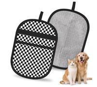 Hnnkloy Clásico Estampado geométrico a Cuadros en Blanco y Negro, Paquete de 2 Guantes para Eliminar el Pelo de Mascotas, Guantes de Aseo antiestáticos para Perros y Gatos.