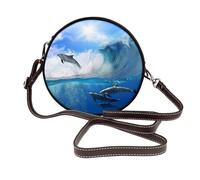 Hnnkloy Cuatro delfines en el mar de las ballenas,Bolso de hombro de piel sintética, bolso cruzado redondo - Bolso circular para mujer