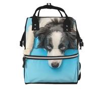 Hnnkloy Divertido cachorro Border Collie sobre fondo azul.Mochila de maternidad de gran capacidad, bolso cambiador, mochila de viaje para actividades al aire libre.