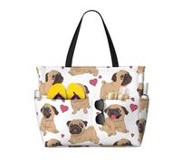 Hnnkloy Divertidos cachorros de Pugs de dibujos animados,Bolso de playa de gran capacidad, bolso de hombro de viaje para mujer, bolso de mano impermeable.