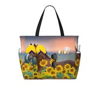 Hnnkloy Estampado de caballo y girasol amarillo,Bolso de playa de gran capacidad, bolso de hombro de viaje para mujer, bolso de mano impermeable.