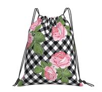 Hnnkloy Estampado de rosas sobre fondo de cuadros blancos y negros,Mochila con cordón unisex, bolsa deportiva para gimnasio, mochila informal para el día a día.
