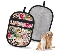 Hnnkloy Estampado de Tigre y Leopardo con Flores de Rosas, Paquete de 2 Guantes para Eliminar el Pelo de Mascotas, Guantes de Aseo antiestáticos para Perros y Gatos.