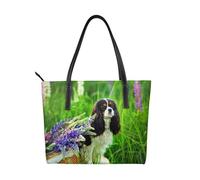 Hnnkloy Flores de lupino del perro Cavalier King Charles Spaniel,Bolso de mano de piel sintética, bolso tote de gran capacidad, bolso de hombro para mujer, ideal para el trabajo y los viajes.