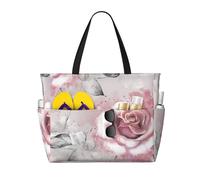 Hnnkloy Flores rosas, acuarela floral, rosa, hojas grises, salpicadura,Bolso de playa de gran capacidad, bolso de hombro de viaje para mujer, bolso de mano impermeable.