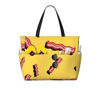 Hnnkloy Fondo amarillo de tocino,Bolso de playa de gran capacidad, bolso de hombro de viaje para mujer, bolso de mano impermeable.