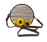 Hnnkloy Girasol sobre madera rústica,Bolso de hombro de piel sintética, bolso cruzado redondo - Bolso circular para mujer