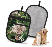 Hnnkloy Hojas de Palmera Tropical Negra con guepardos y leopardos, Paquete de 2 Guantes para Eliminar el Pelo de Mascotas, Guantes de Aseo antiestáticos para Perros y Gatos.