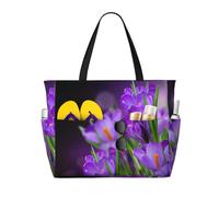 Hnnkloy Hojas verdes y flores moradas impresas,Bolso de playa de gran capacidad, bolso de hombro de viaje para mujer, bolso de mano impermeable.