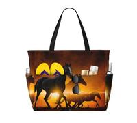 Hnnkloy Impresión de caballos negros con nubes rojas brillantes,Bolso de playa de gran capacidad, bolso de hombro de viaje para mujer, bolso de mano impermeable.