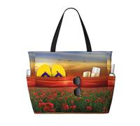 Hnnkloy Impresión de un campo de amapolas rojas al atardecer,Bolso de playa de gran capacidad, bolso de hombro de viaje para mujer, bolso de mano impermeable.