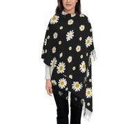 Hnnkloy Margarita blanca amarilla flor negra,Bufanda grande de cachemira sintética para mujer, chal ligero con borlas, 197 x 72 cm