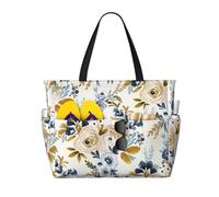 Hnnkloy Mostaza azul floral,Bolso de playa de gran capacidad, bolso de hombro de viaje para mujer, bolso de mano impermeable.
